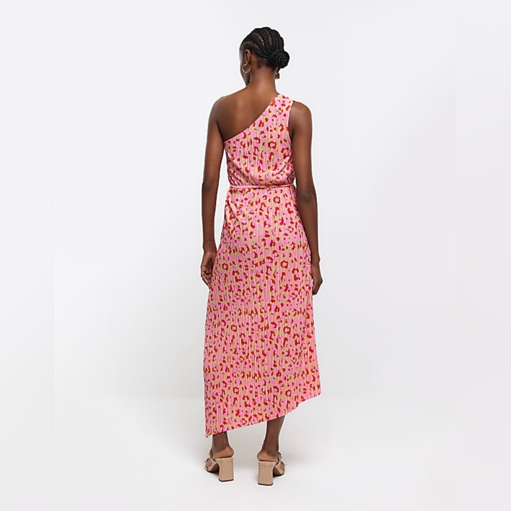River Island Pink Leopard One Shoulder Plisse Maxi Dress NWT Women’s Size 10 - Picture 2 of 11